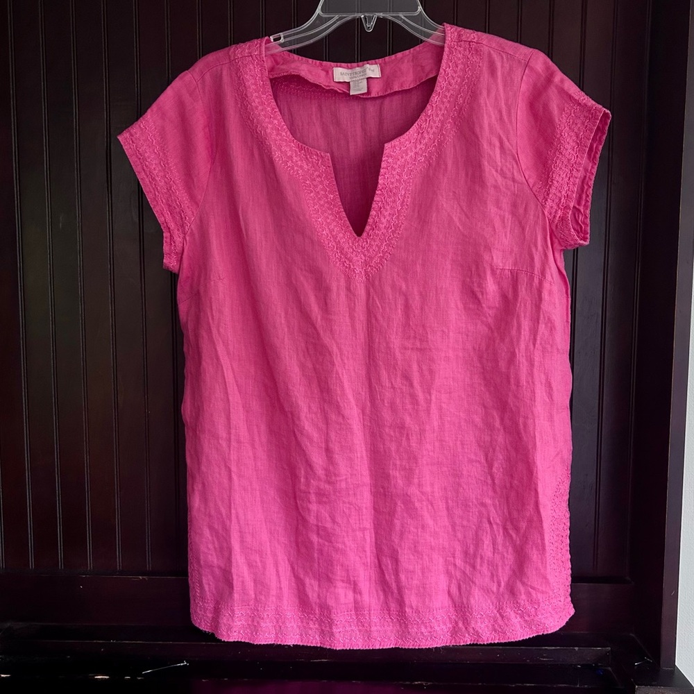 SAINT TROPEZ 100% Linen Embroidered Notch Neck Short Sleeve Top Casual Pink Sz M - Picture 3 of 16